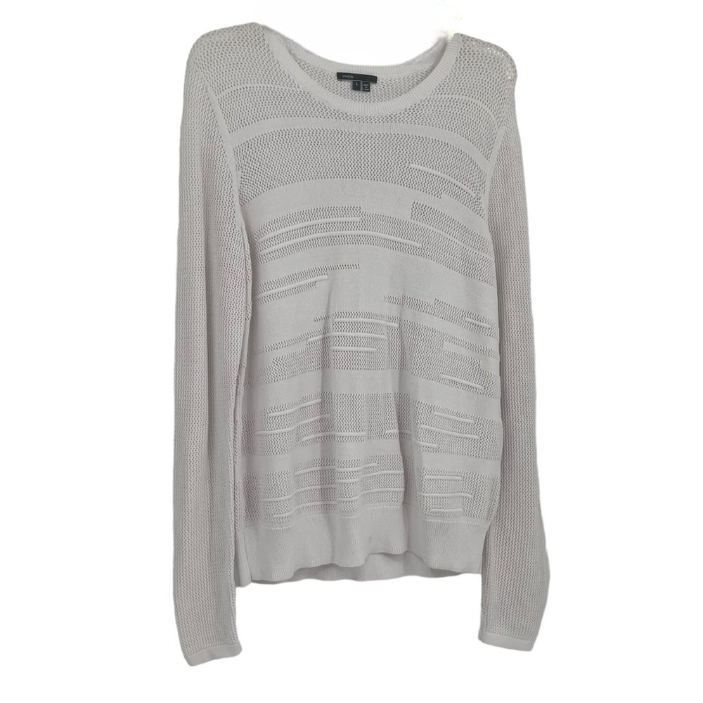 Vince Women's Open Knit Crew Neck Sweater Size Large White Long Sleeves Rayon